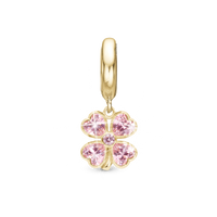 Pink Heart Clover Hænger Charm 6 mm Til Armbånd - Blankpoleret Forgyldt Sterling Sølv m. 5 Pinke Cubic Zirkonia