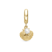 Clam shell Hænger Charm 6 mm Til Armbånd - Blankpoleret Forgyldt Sterling Sølv m. 1 Ferskvandsperle