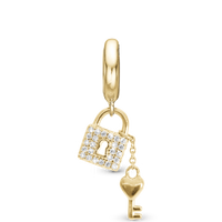 Unlock my Heart Hænger Charm 6 mm Til Armbånd - Blankpoleret Forgyldt Sterling Sølv m. 24 Hvide Cubic Zirkonia