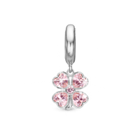 Pink Heart Clover Hænger Charm 6 mm Til Armbånd - Blankpoleret Sterling Sølv m. 5 Pinke