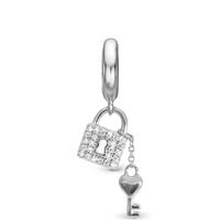 Unlock my Heart Hænger Charm 6 mm Til Armbånd - Blankpoleret Sterling Sølv m. 24 Hvide Cubic Zirkonia