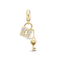 Unlock my Heart - Hænger Charm 4 mm Til Armbånd - Blankpoleret Forgyldt Sterling Sølv m. 24 Cubic Zirkonia