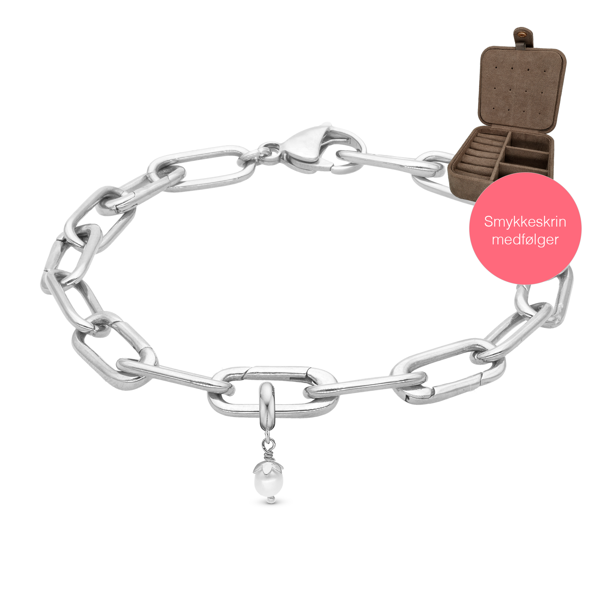Link armbånd og charm med perle i sterling sølv