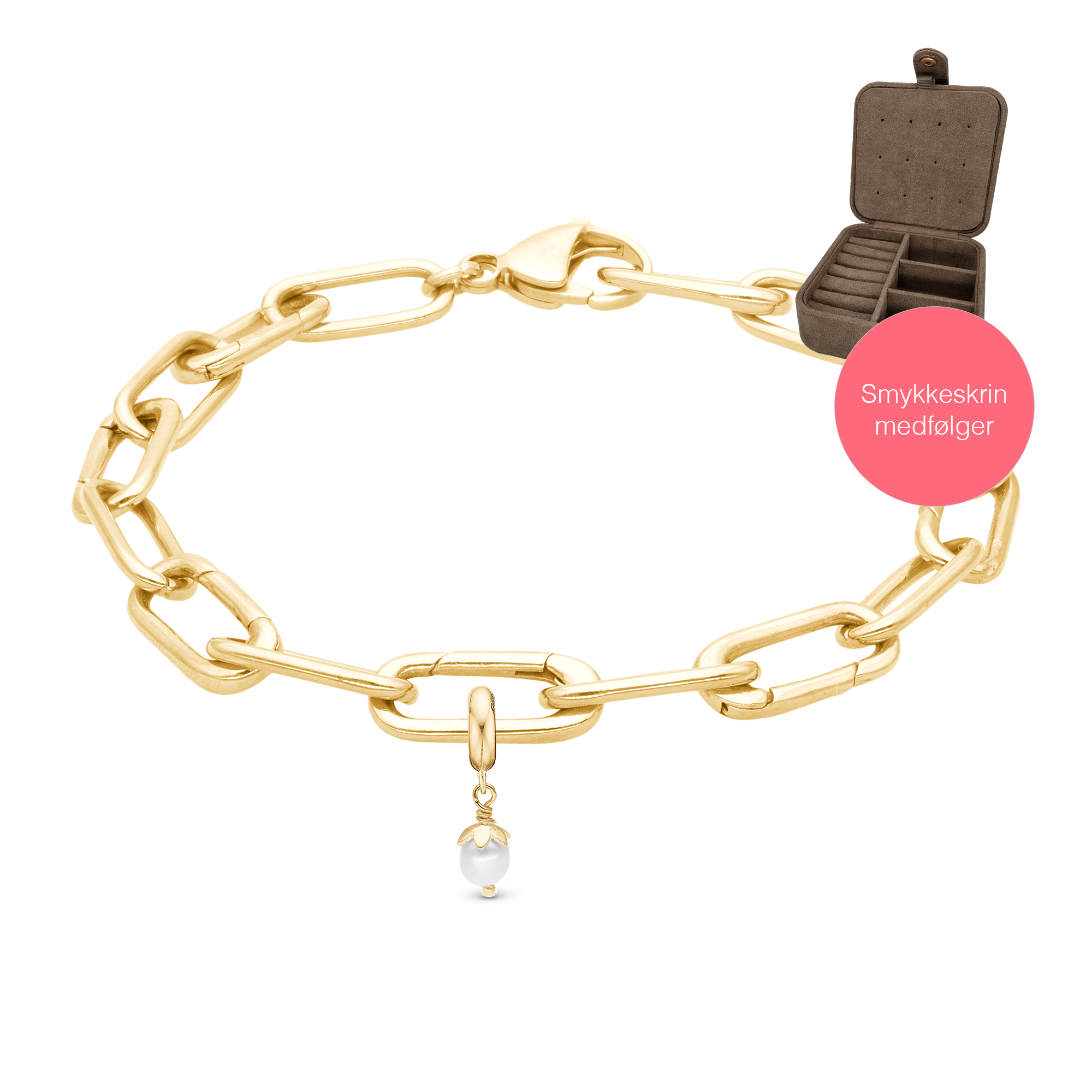 Link armbånd og charm med perle i forgyldt sterling sølv