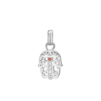 Hamsa Hand Vedhæng - Blankpoleret Sterling Sølv m. 7 Hvide Garnet