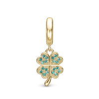 Lucky Clover Hænger Charm 6 mm Til Armbånd - Forgyldt Sterling Sølv m. 20 Grønne Cubic Zirkonia