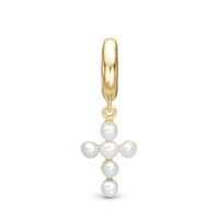 Pearl cross Hænger Charm 6 mm Til Armbånd - Blankpoleret Forgyldt Sterling Sølv m. 6 Hvide Ferskvandsperler