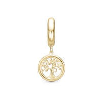 Tree of Life Hænger Charm 6 mm Til Armbånd - Blankpoleret Forgyldt Sterling Sølv m. 3 Hvide Cubic Zirkonia