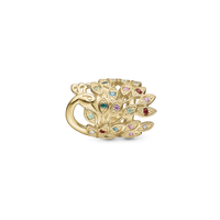 Peacock Charm 6 mm til Classic Læderarmbånd - Blankpoleret Forgyldt Sterling Sølv m. 21 Multi color Cubic Zirkonia