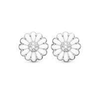 White Marguerit 18 mm Øreclips - Blankpoleret Sterling Sølv m. 14 Hvide Topas
