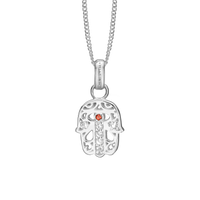 Hamsa Hand Vedhæng - Blankpoleret Sterling Sølv m. 7 Hvide Garnet